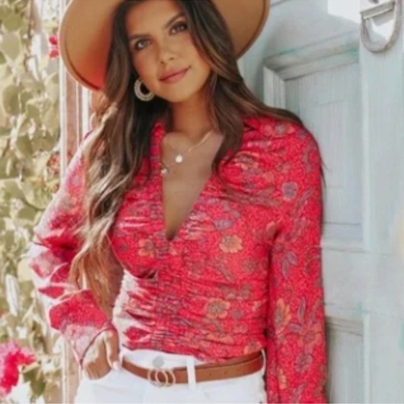 FREE PEOPLE I Got You Printed Top Floral Red Long-Sleeve Dress {$98} Small - Picture 2 of 8